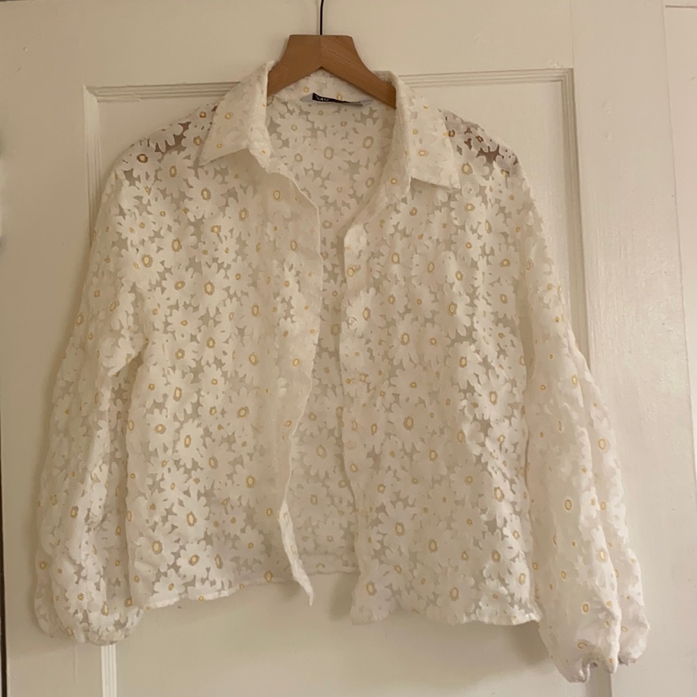 Sheer daisy print button down blouse